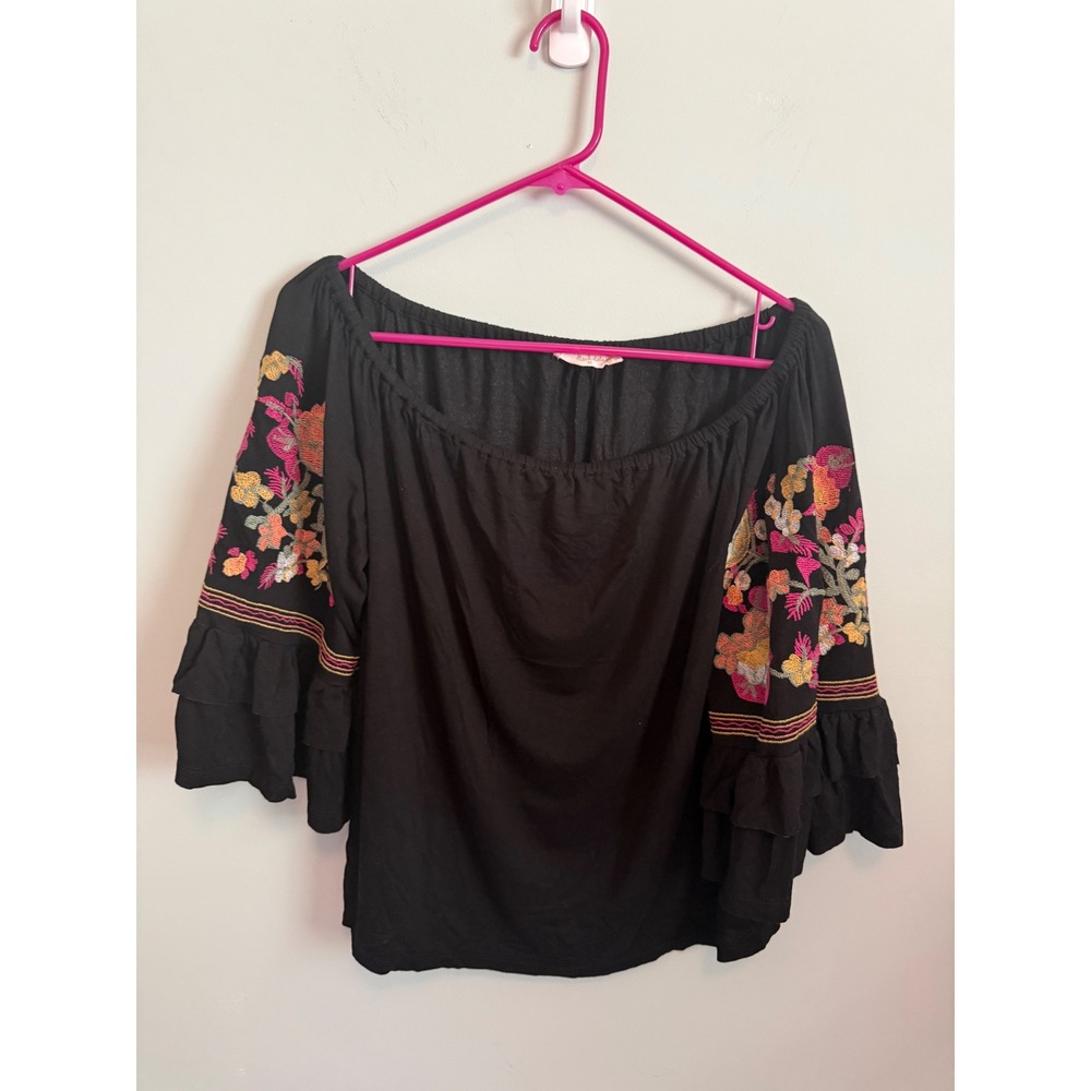 Altar'd‎ State Black Embroidered Off The Shoulder Ruffle Sleeve Boho Blouse M